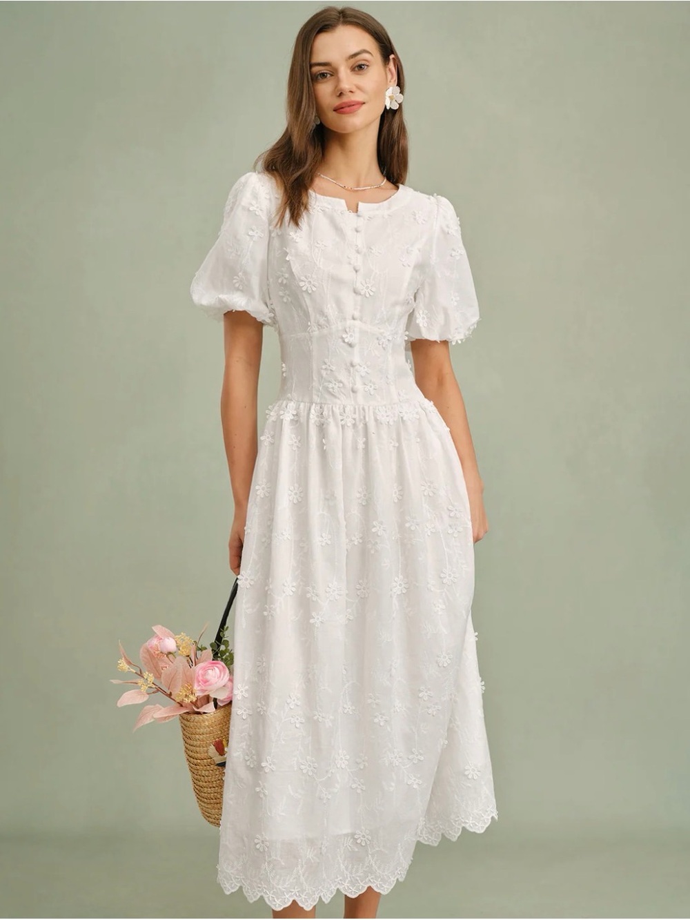 RIHOAS White Embroidered Puff-Sleeve Midi Dress